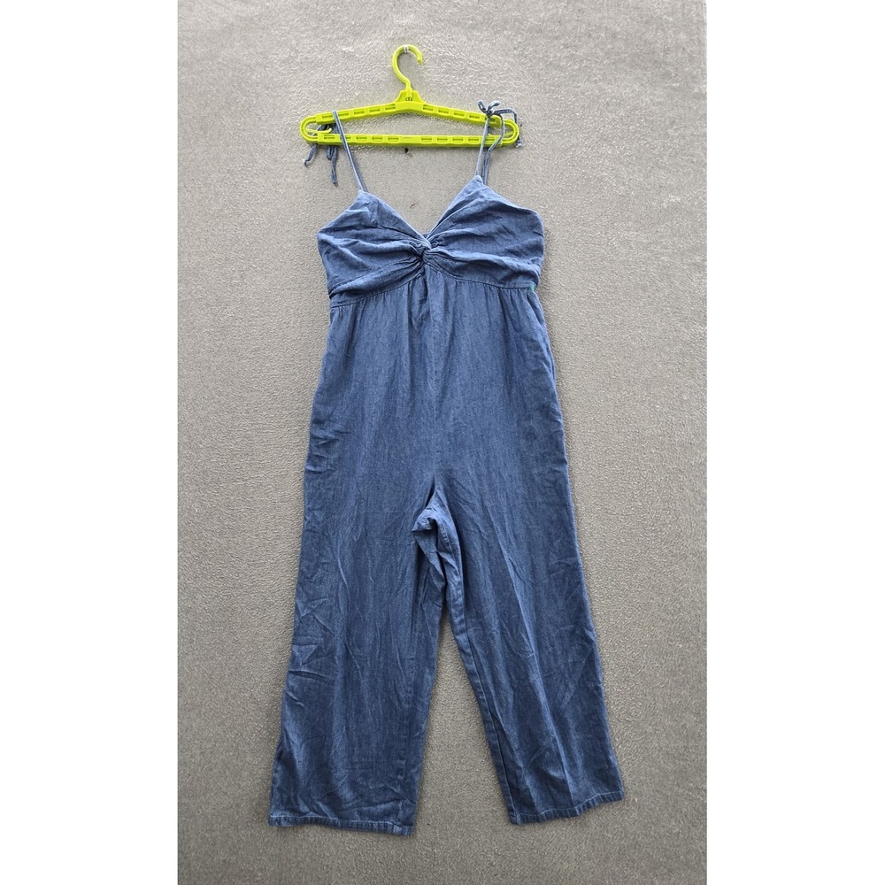 Old Navy Women Pants L Blue Jumpsuit Wide-Leg Smocked Chambray Sleeveless 25"